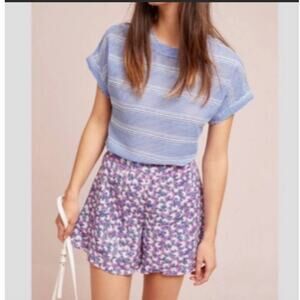 Anthropologie Linen Blend High Rise Ruffle Floral Shorts Purple size S